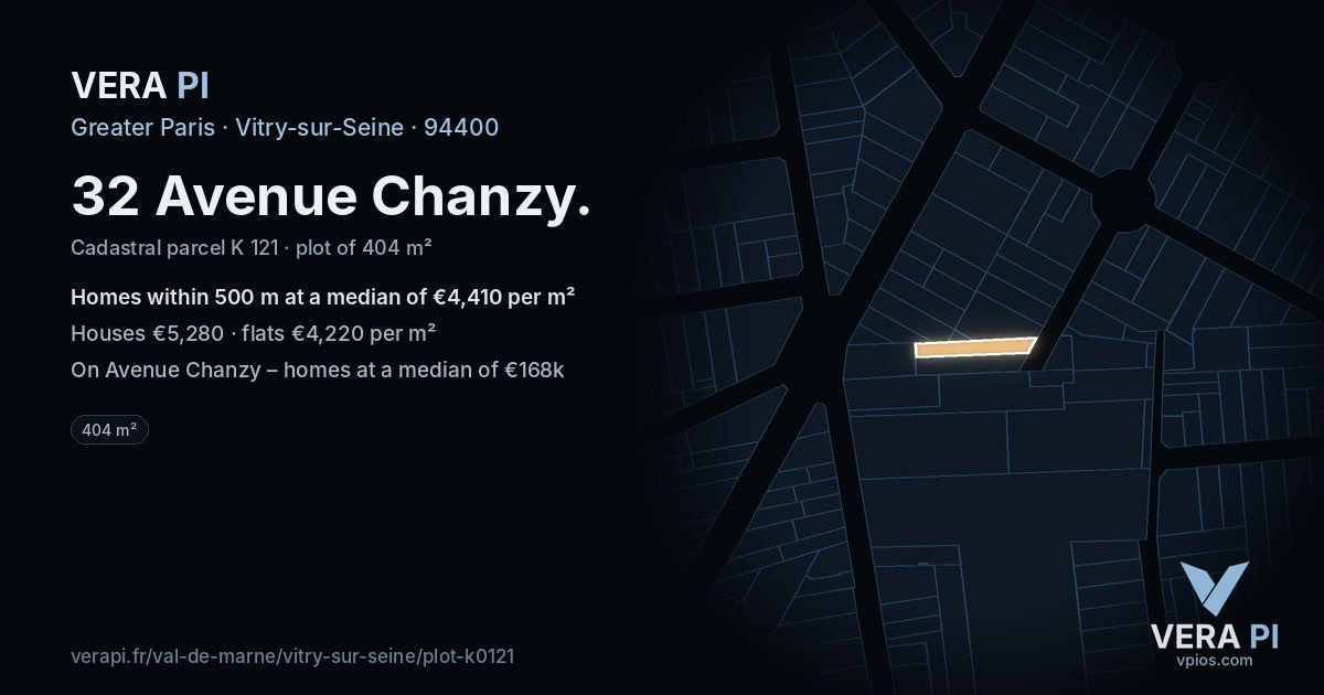 32 Avenue Chanzy, Vitry-sur-Seine at night – the plot lit, the parcels around coloured by the prices near them