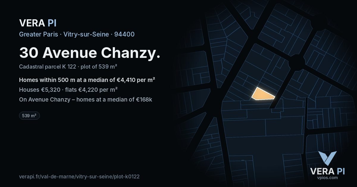 30 Avenue Chanzy, Vitry-sur-Seine at night – the plot lit, the parcels around coloured by the prices near them