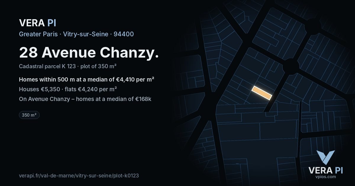 28 Avenue Chanzy, Vitry-sur-Seine at night – the plot lit, the parcels around coloured by the prices near them