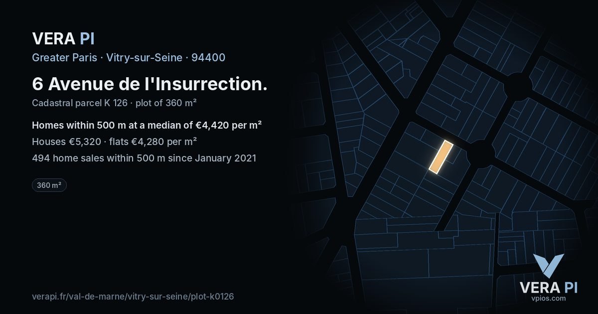 6 Avenue de l'Insurrection, Vitry-sur-Seine at night – the plot lit, the parcels around coloured by the prices near them