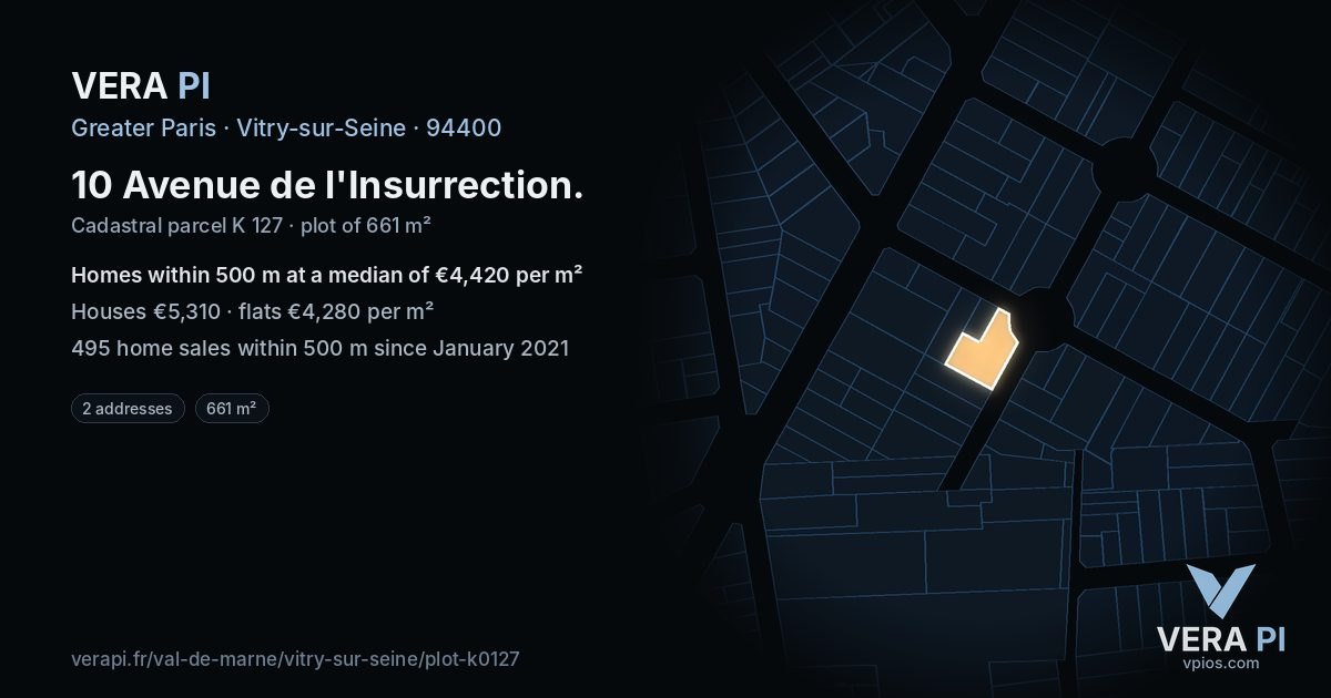 10 Avenue de l'Insurrection, Vitry-sur-Seine at night – the plot lit, the parcels around coloured by the prices near them