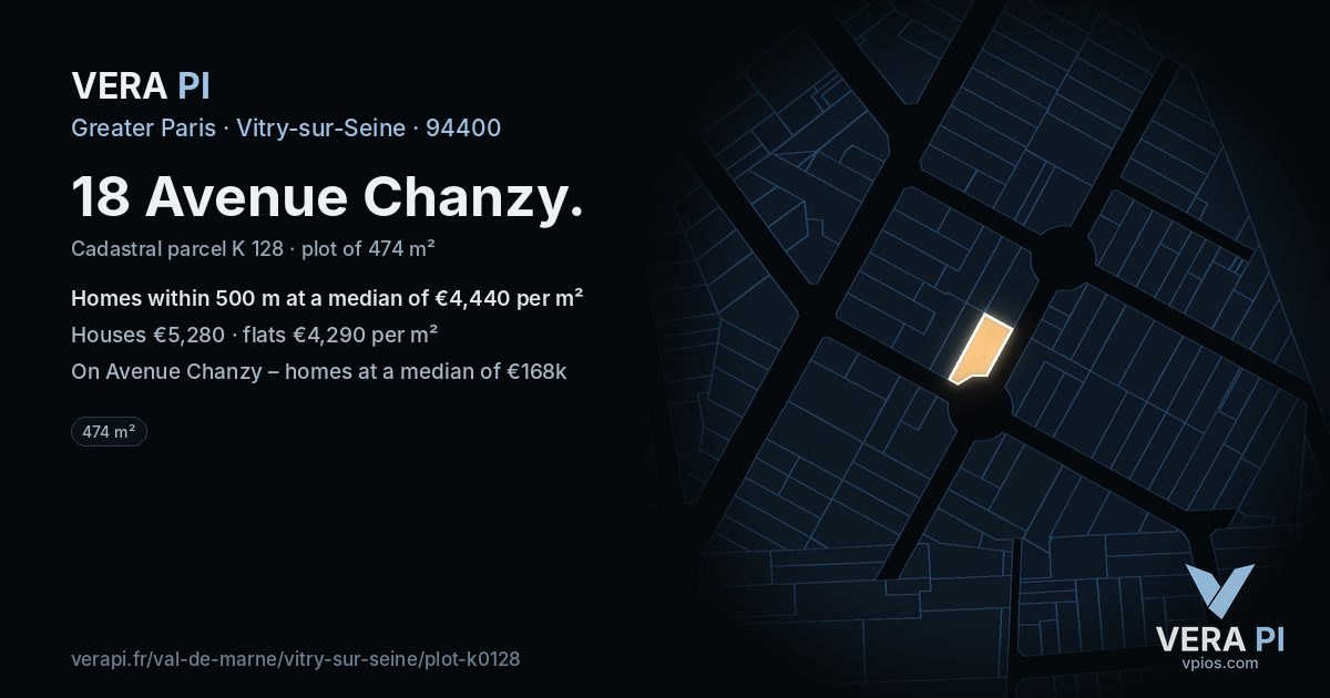 18 Avenue Chanzy, Vitry-sur-Seine at night – the plot lit, the parcels around coloured by the prices near them