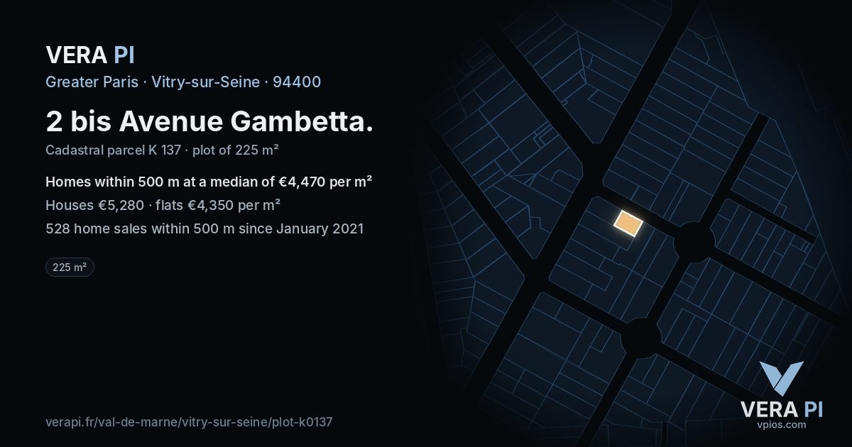 2 bis Avenue Gambetta, Vitry-sur-Seine at night – the plot lit, the parcels around coloured by the prices near them