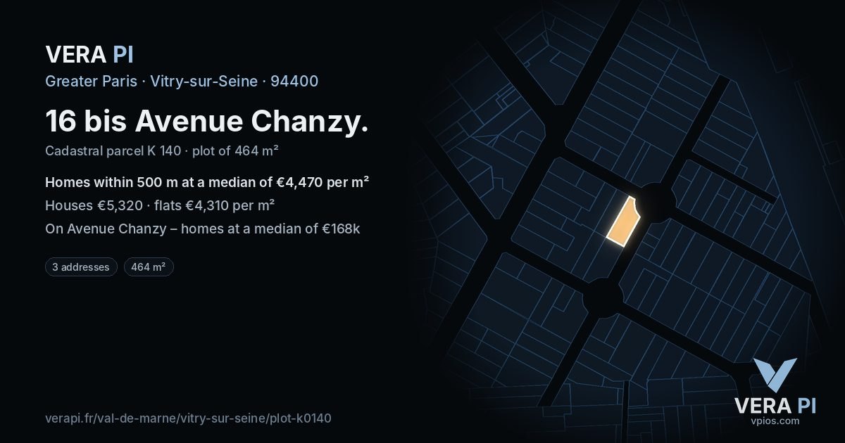 16 bis Avenue Chanzy, Vitry-sur-Seine at night – the plot lit, the parcels around coloured by the prices near them