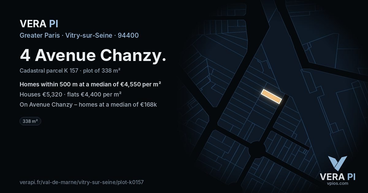 4 Avenue Chanzy, Vitry-sur-Seine at night – the plot lit, the parcels around coloured by the prices near them