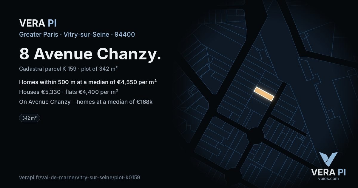 8 Avenue Chanzy, Vitry-sur-Seine at night – the plot lit, the parcels around coloured by the prices near them