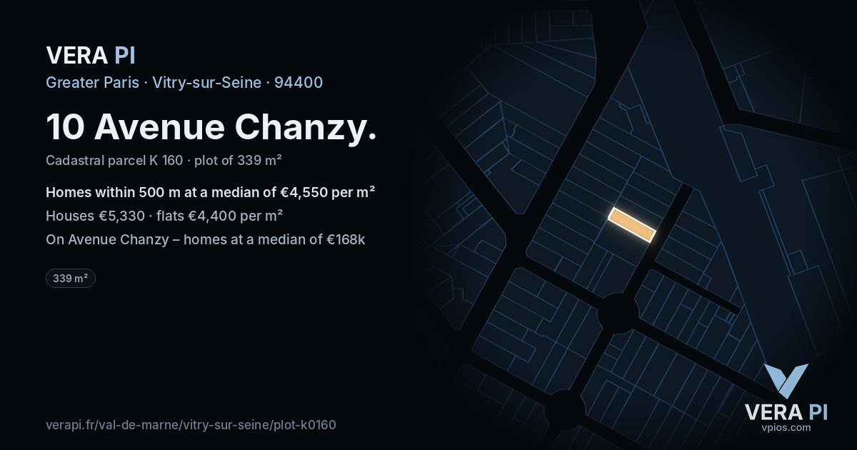 10 Avenue Chanzy, Vitry-sur-Seine at night – the plot lit, the parcels around coloured by the prices near them