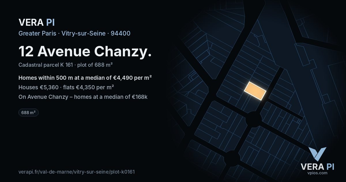 12 Avenue Chanzy, Vitry-sur-Seine at night – the plot lit, the parcels around coloured by the prices near them