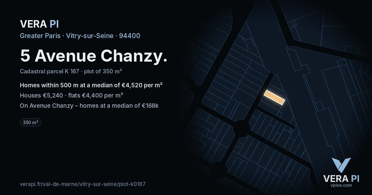 5 Avenue Chanzy, Vitry-sur-Seine at night – the plot lit, the parcels around coloured by the prices near them