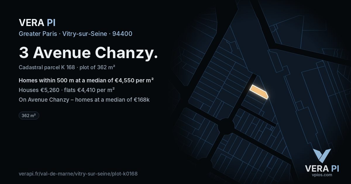 3 Avenue Chanzy, Vitry-sur-Seine at night – the plot lit, the parcels around coloured by the prices near them
