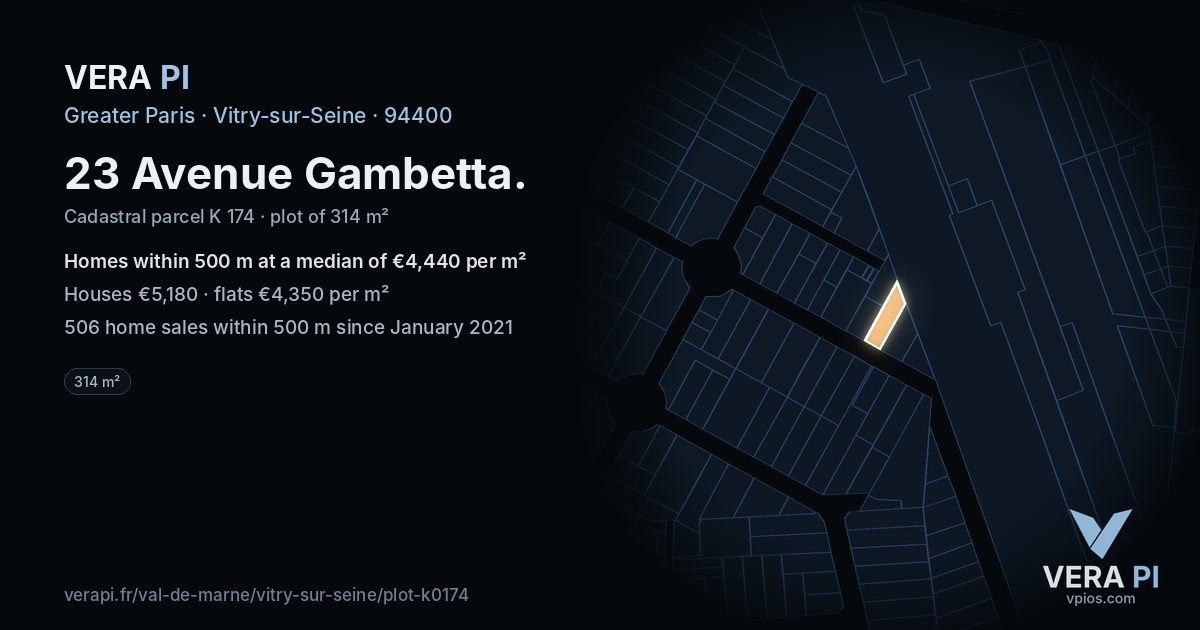 23 Avenue Gambetta, Vitry-sur-Seine at night – the plot lit, the parcels around coloured by the prices near them
