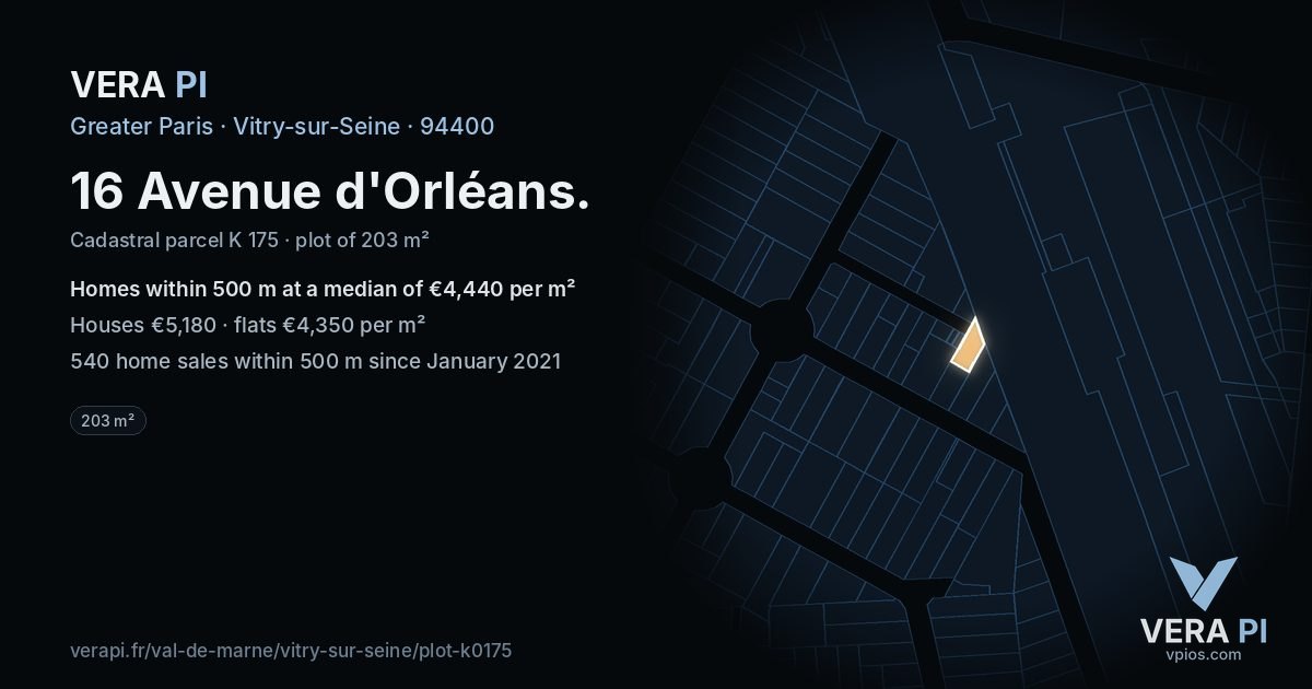 16 Avenue d'Orléans, Vitry-sur-Seine at night – the plot lit, the parcels around coloured by the prices near them