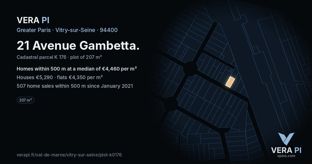 21 Avenue Gambetta, Vitry-sur-Seine at night – the plot lit, the parcels around coloured by the prices near them