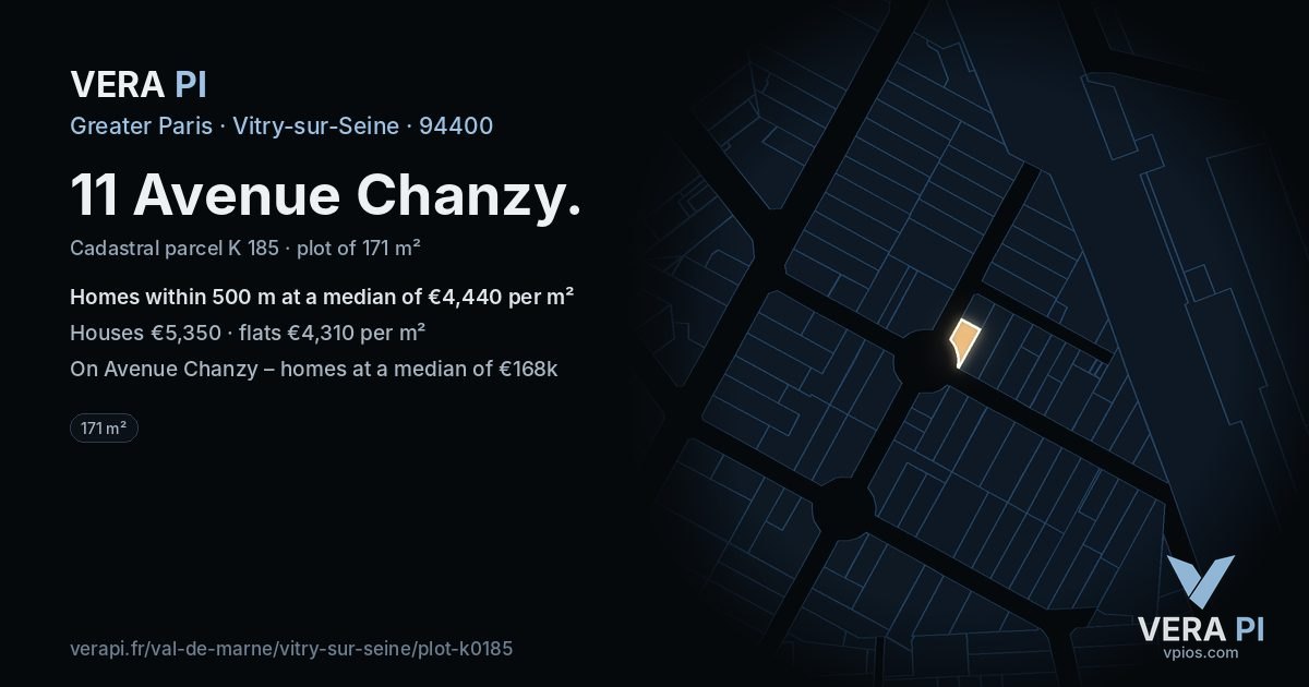 11 Avenue Chanzy, Vitry-sur-Seine at night – the plot lit, the parcels around coloured by the prices near them