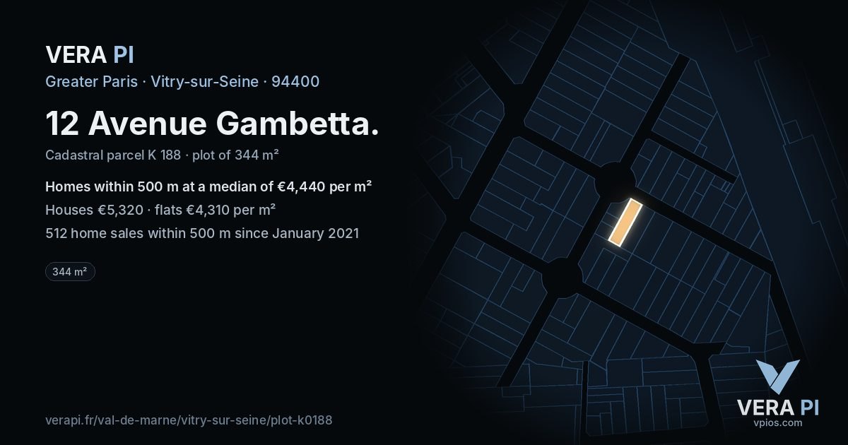12 Avenue Gambetta, Vitry-sur-Seine at night – the plot lit, the parcels around coloured by the prices near them