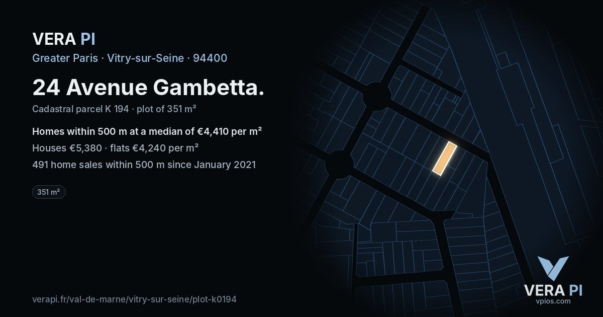 24 Avenue Gambetta, Vitry-sur-Seine at night – the plot lit, the parcels around coloured by the prices near them