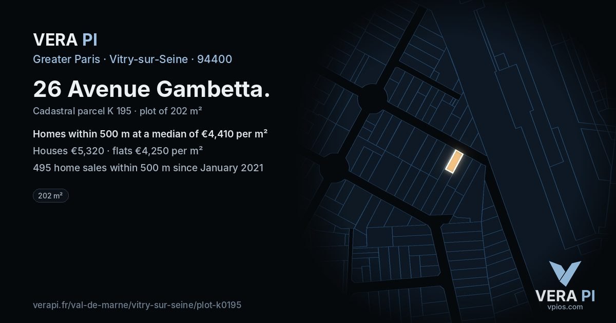 26 Avenue Gambetta, Vitry-sur-Seine at night – the plot lit, the parcels around coloured by the prices near them