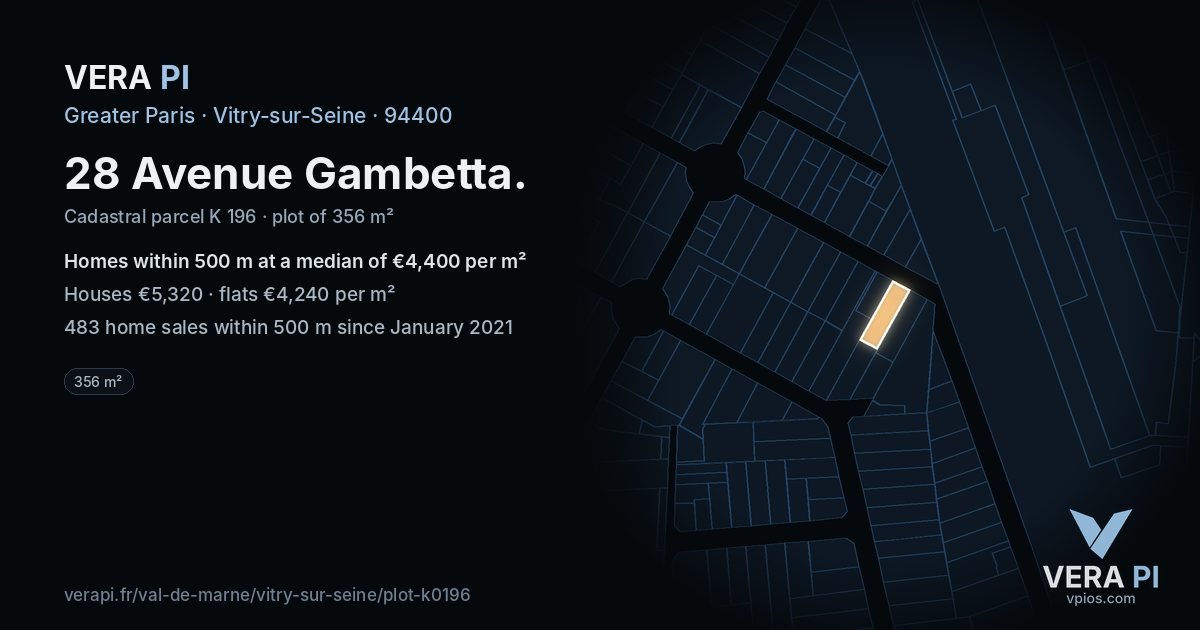 28 Avenue Gambetta, Vitry-sur-Seine at night – the plot lit, the parcels around coloured by the prices near them