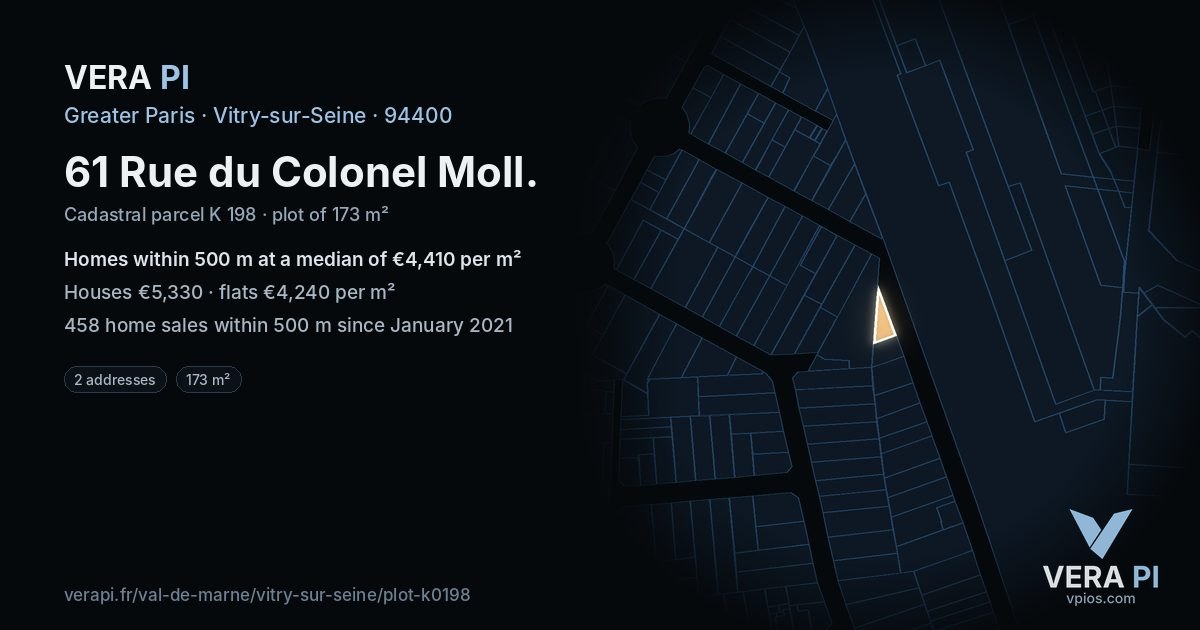 61 Rue du Colonel Moll, Vitry-sur-Seine at night – the plot lit, the parcels around coloured by the prices near them