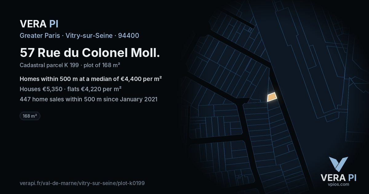 57 Rue du Colonel Moll, Vitry-sur-Seine at night – the plot lit, the parcels around coloured by the prices near them