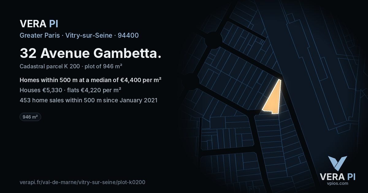 32 Avenue Gambetta, Vitry-sur-Seine at night – the plot lit, the parcels around coloured by the prices near them