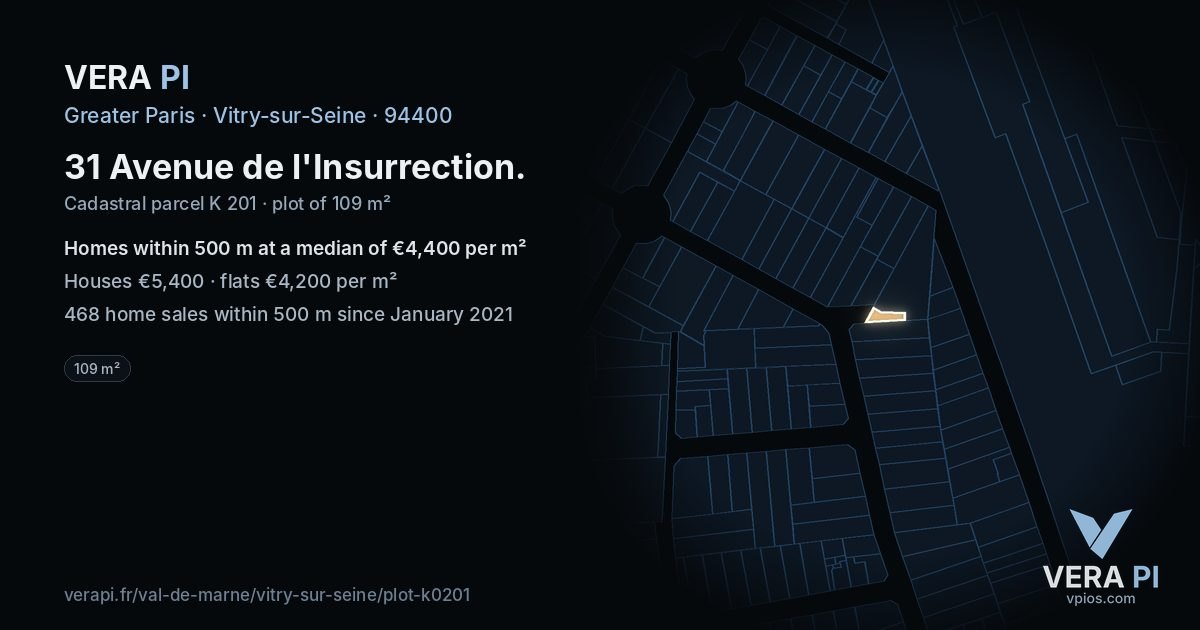 31 Avenue de l'Insurrection, Vitry-sur-Seine at night – the plot lit, the parcels around coloured by the prices near them