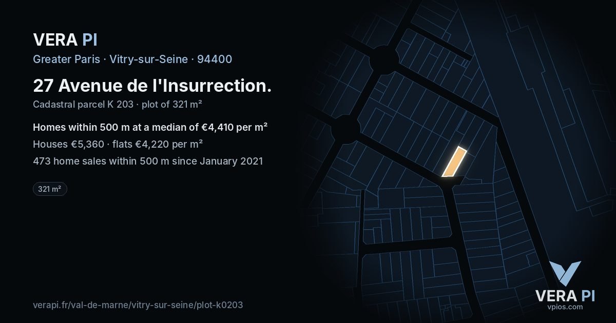 27 Avenue de l'Insurrection, Vitry-sur-Seine at night – the plot lit, the parcels around coloured by the prices near them