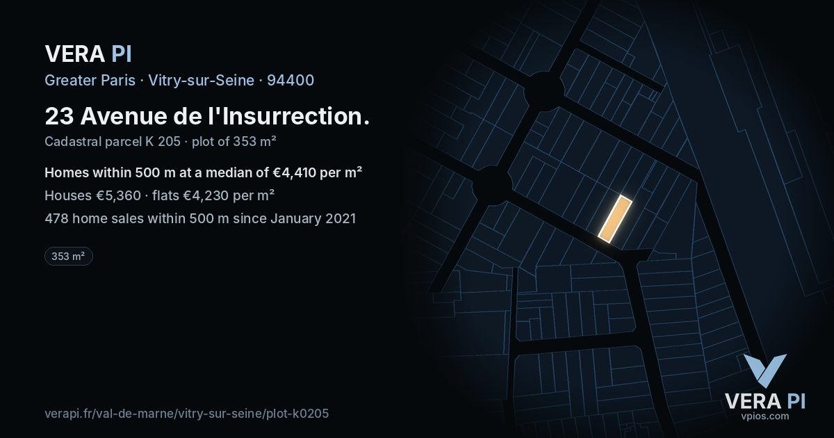 23 Avenue de l'Insurrection, Vitry-sur-Seine at night – the plot lit, the parcels around coloured by the prices near them