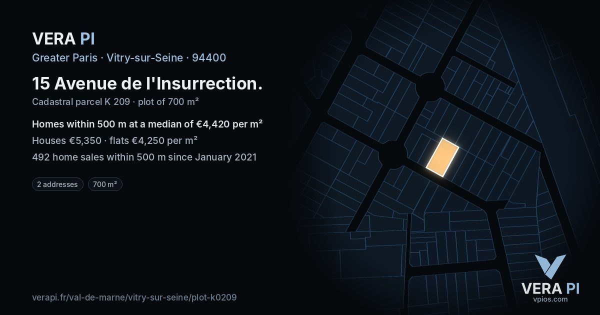 15 Avenue de l'Insurrection, Vitry-sur-Seine at night – the plot lit, the parcels around coloured by the prices near them