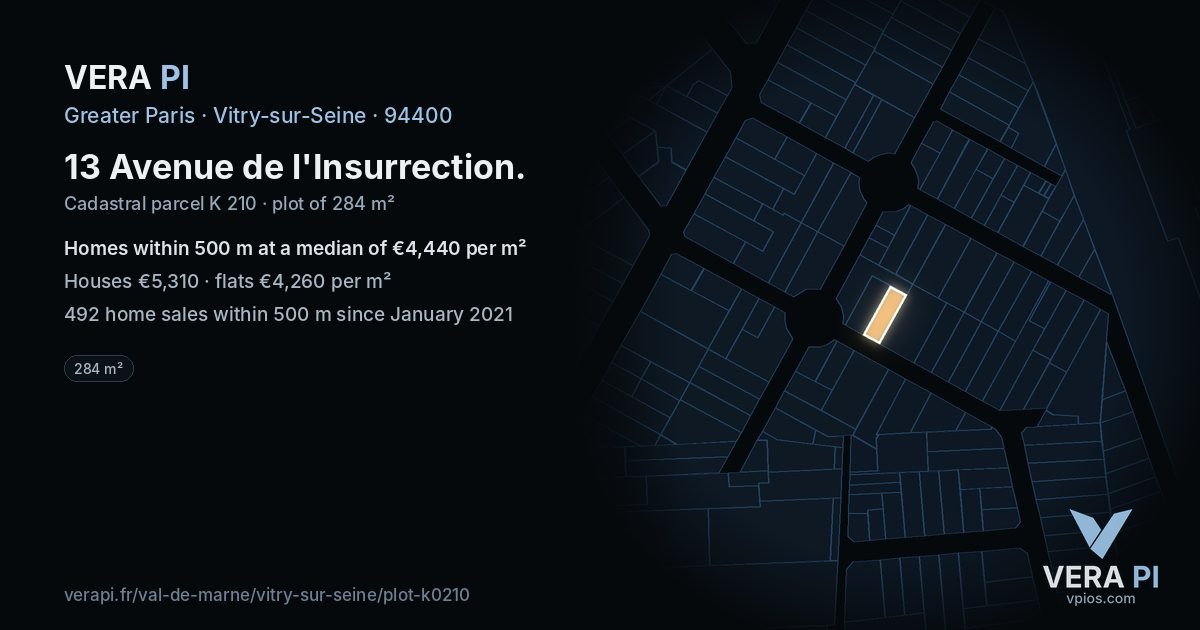 13 Avenue de l'Insurrection, Vitry-sur-Seine at night – the plot lit, the parcels around coloured by the prices near them