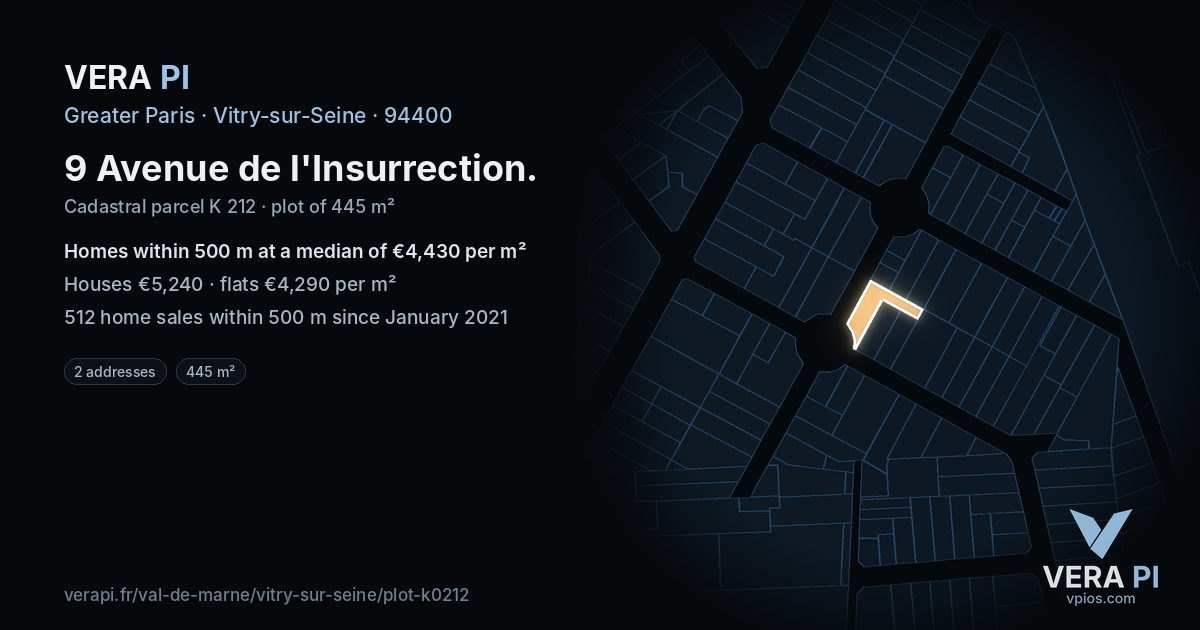 9 Avenue de l'Insurrection, Vitry-sur-Seine at night – the plot lit, the parcels around coloured by the prices near them