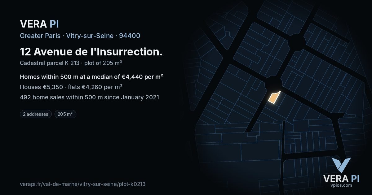 12 Avenue de l'Insurrection, Vitry-sur-Seine at night – the plot lit, the parcels around coloured by the prices near them