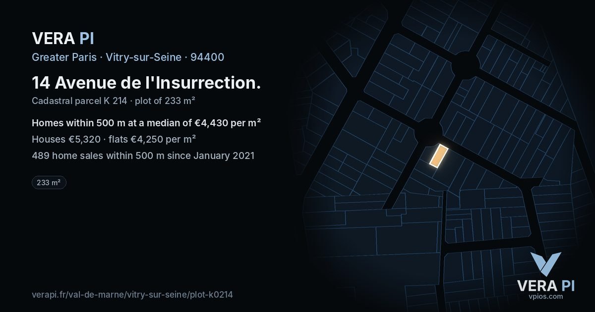 14 Avenue de l'Insurrection, Vitry-sur-Seine at night – the plot lit, the parcels around coloured by the prices near them