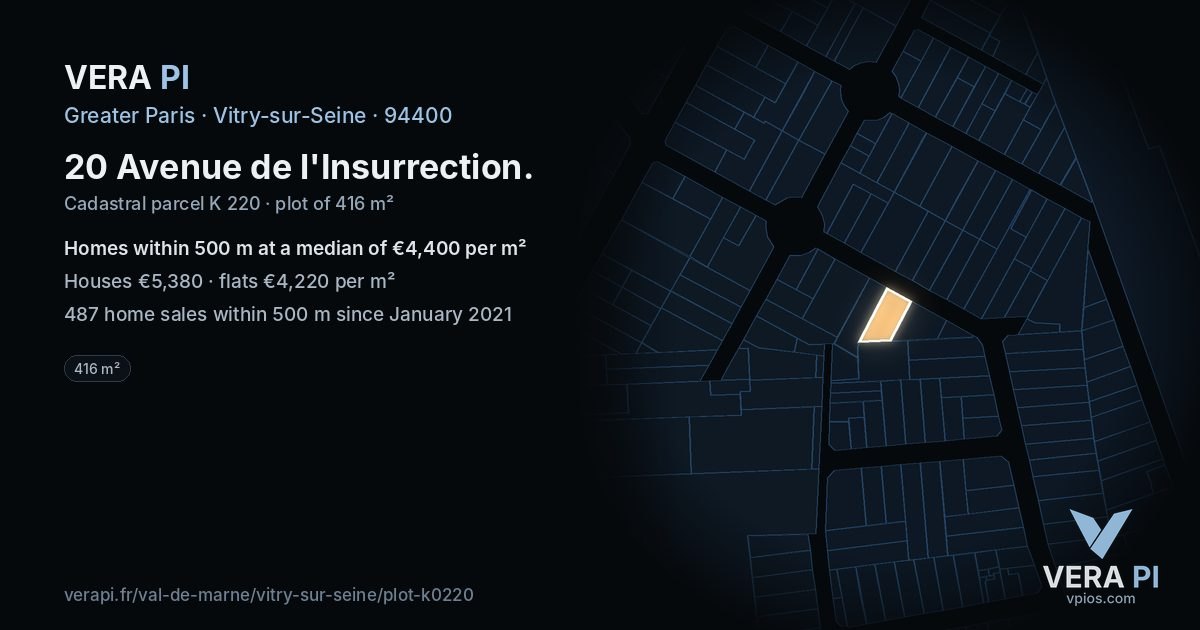 20 Avenue de l'Insurrection, Vitry-sur-Seine at night – the plot lit, the parcels around coloured by the prices near them