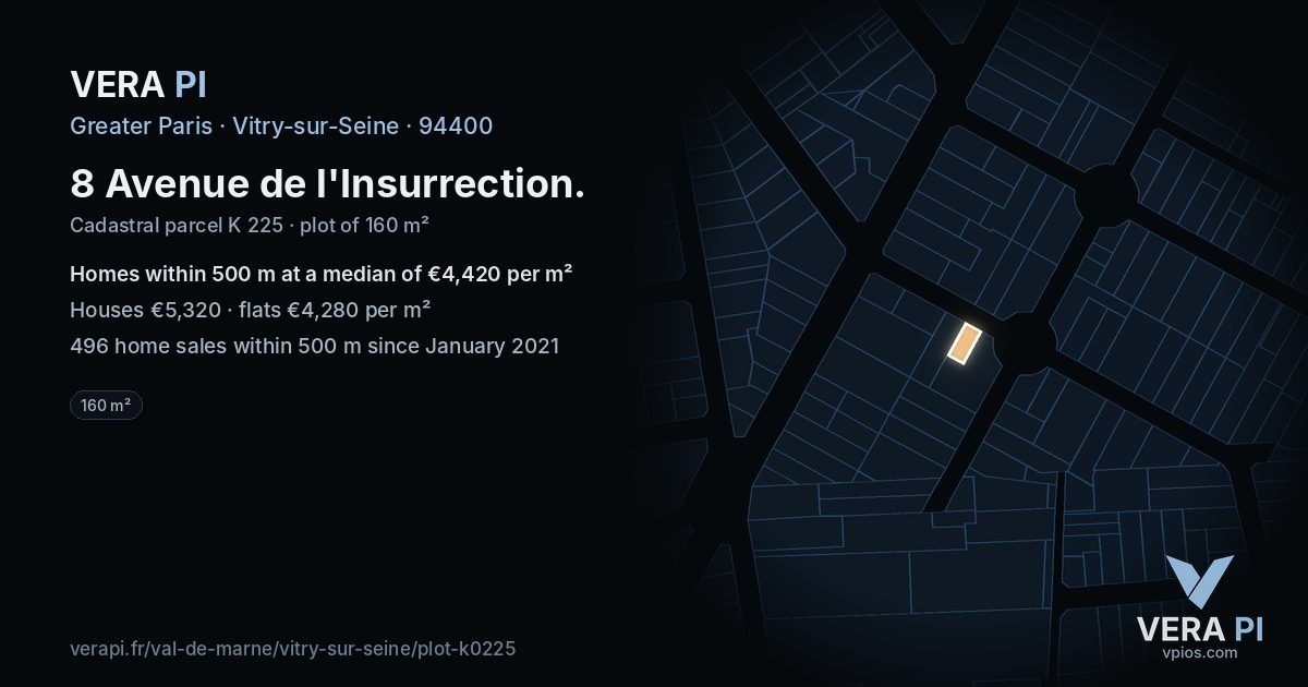 8 Avenue de l'Insurrection, Vitry-sur-Seine at night – the plot lit, the parcels around coloured by the prices near them