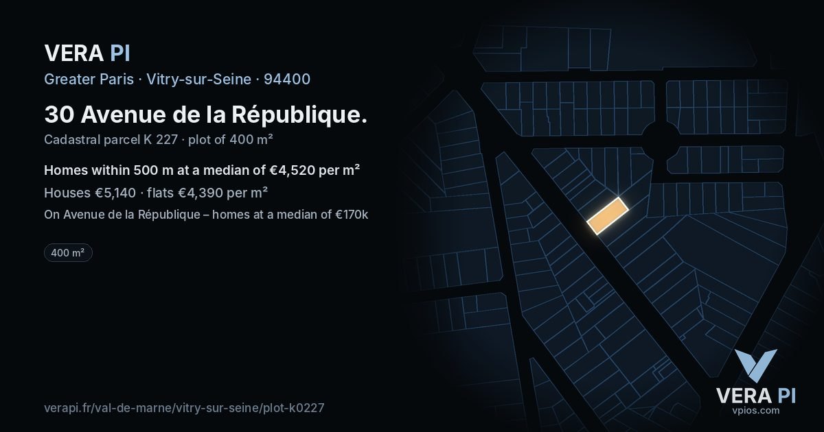 30 Avenue de la République, Vitry-sur-Seine at night – the plot lit, the parcels around coloured by the prices near them