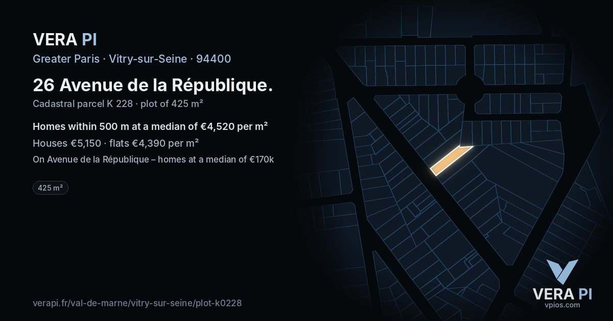 26 Avenue de la République, Vitry-sur-Seine at night – the plot lit, the parcels around coloured by the prices near them
