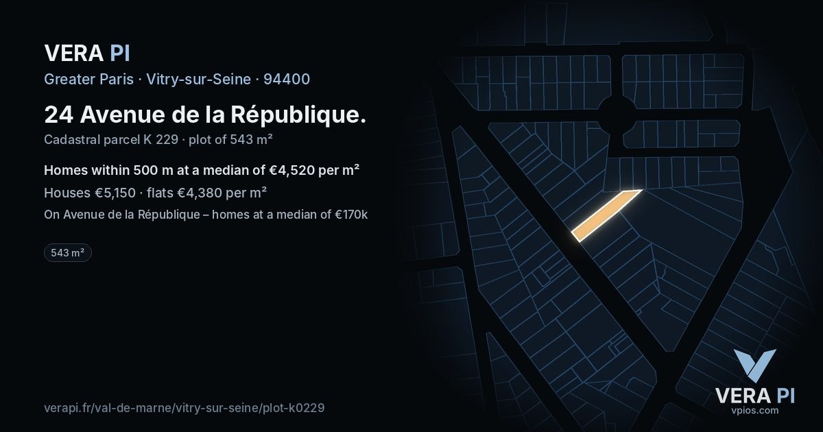 24 Avenue de la République, Vitry-sur-Seine at night – the plot lit, the parcels around coloured by the prices near them
