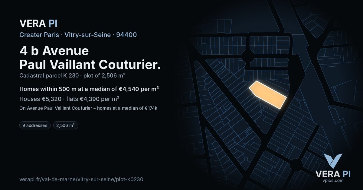 4 b Avenue Paul Vaillant Couturier, Vitry-sur-Seine at night – the plot lit, the parcels around coloured by the prices near them