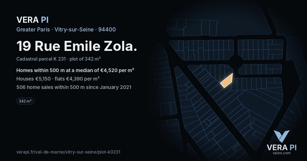 19 Rue Emile Zola, Vitry-sur-Seine at night – the plot lit, the parcels around coloured by the prices near them