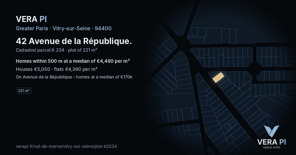 42 Avenue de la République, Vitry-sur-Seine at night – the plot lit, the parcels around coloured by the prices near them