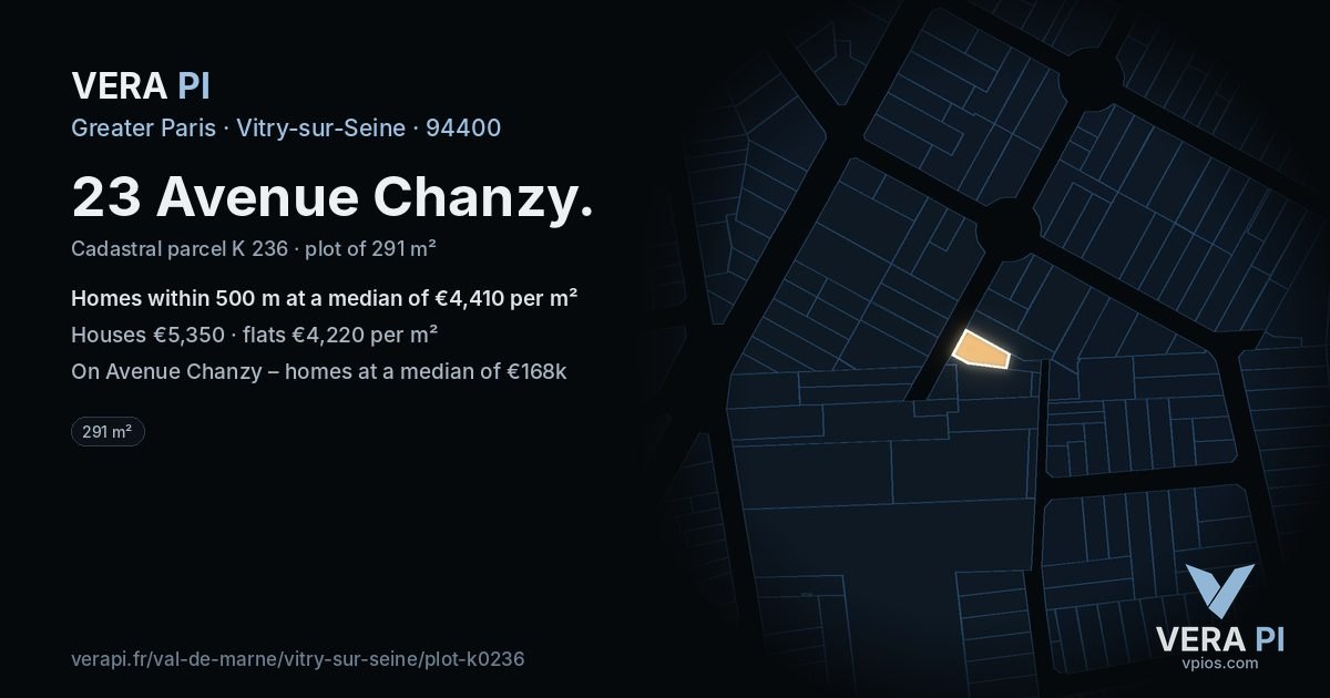23 Avenue Chanzy, Vitry-sur-Seine at night – the plot lit, the parcels around coloured by the prices near them