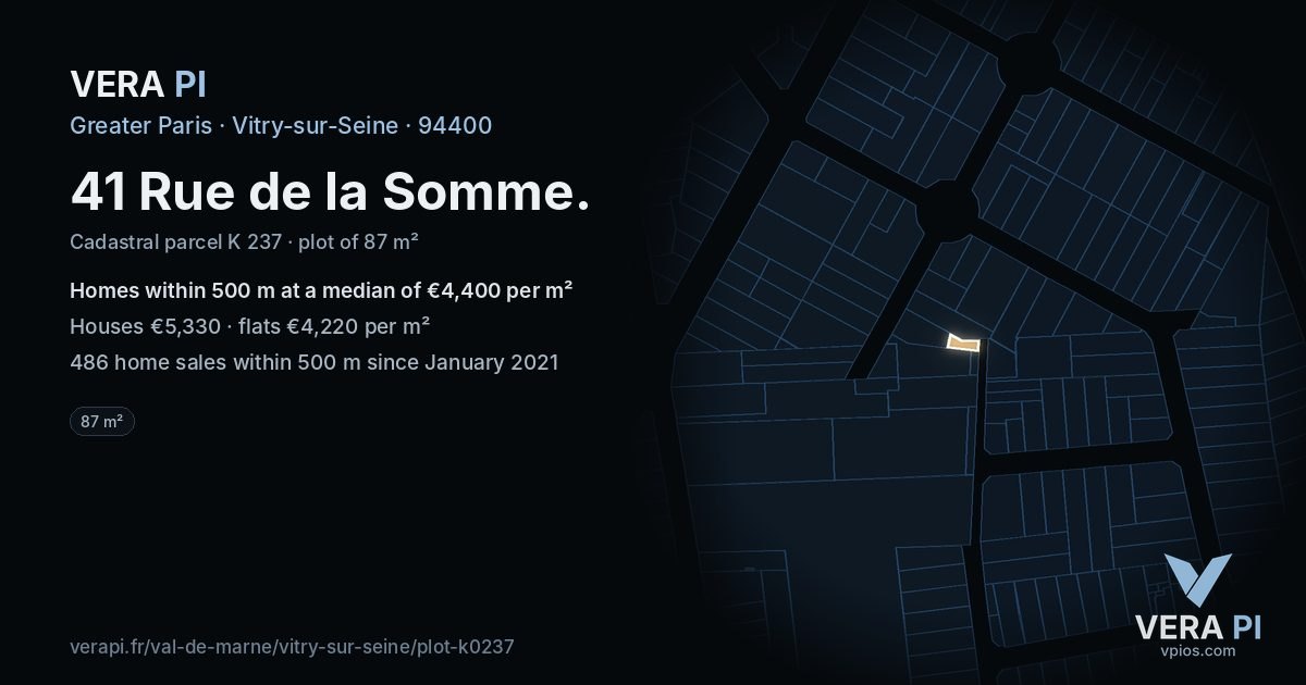 41 Rue de la Somme, Vitry-sur-Seine at night – the plot lit, the parcels around coloured by the prices near them