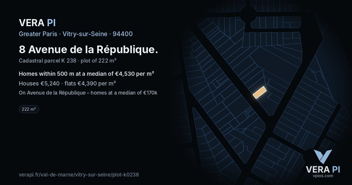 8 Avenue de la République, Vitry-sur-Seine at night – the plot lit, the parcels around coloured by the prices near them