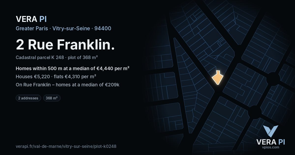 2 Rue Franklin, Vitry-sur-Seine at night – the plot lit, the parcels around coloured by the prices near them