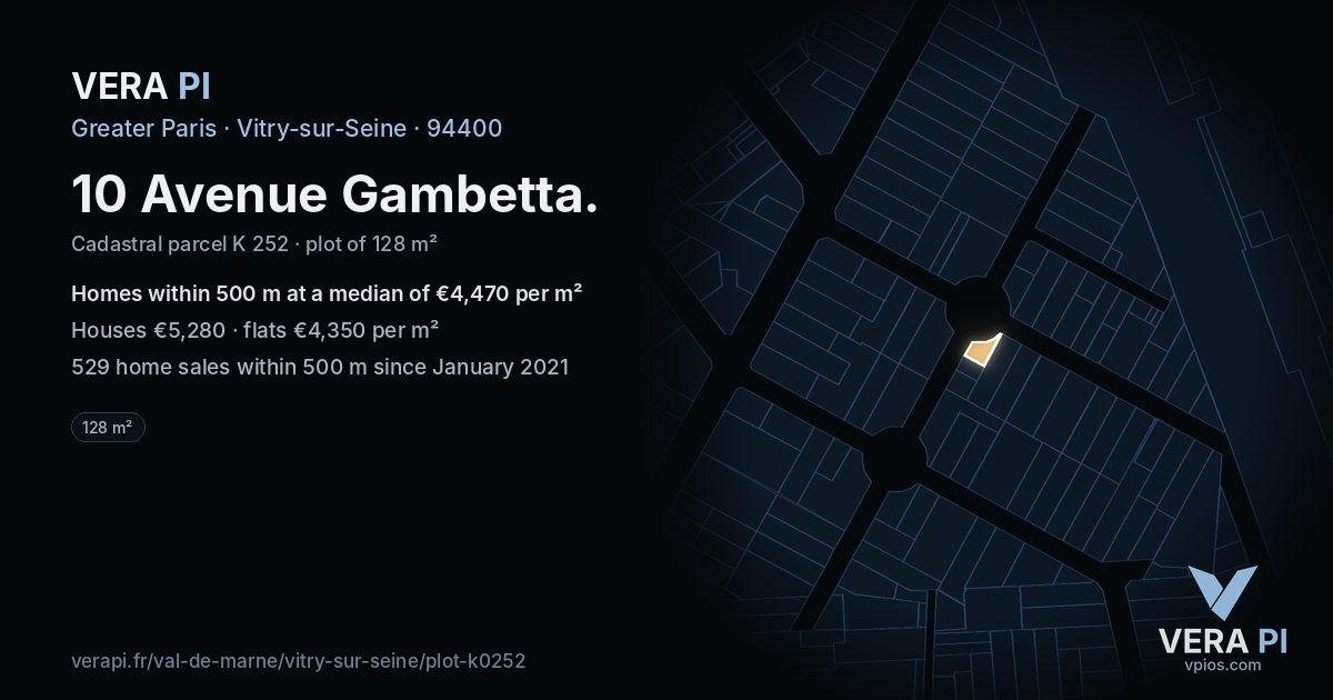 10 Avenue Gambetta, Vitry-sur-Seine at night – the plot lit, the parcels around coloured by the prices near them