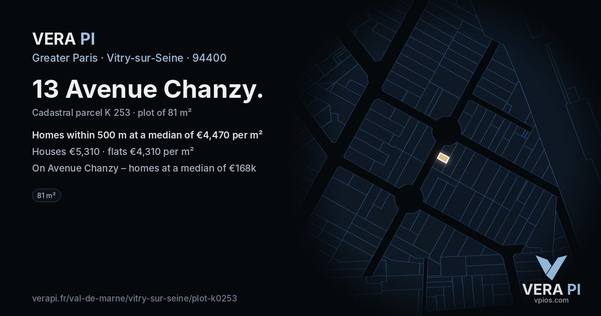 13 Avenue Chanzy, Vitry-sur-Seine at night – the plot lit, the parcels around coloured by the prices near them