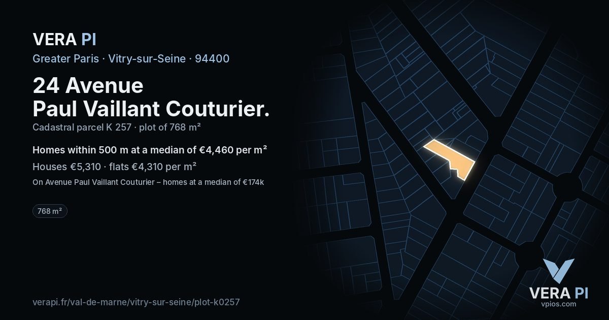 24 Avenue Paul Vaillant Couturier, Vitry-sur-Seine at night – the plot lit, the parcels around coloured by the prices near them