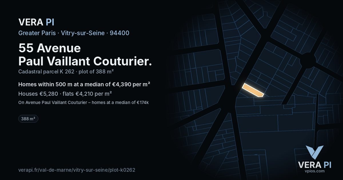 55 Avenue Paul Vaillant Couturier, Vitry-sur-Seine at night – the plot lit, the parcels around coloured by the prices near them