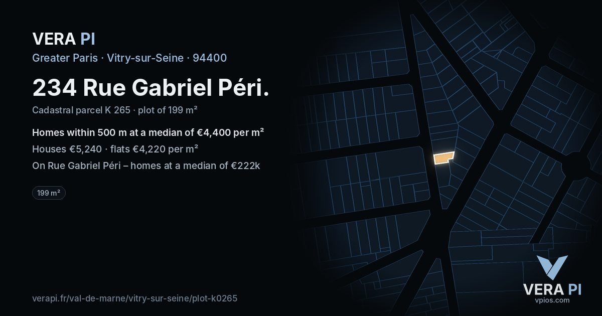 234 Rue Gabriel Péri, Vitry-sur-Seine at night – the plot lit, the parcels around coloured by the prices near them